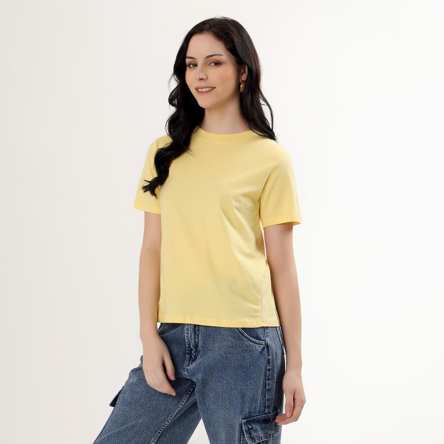 Women's Light Yellow Cotton Round Neck Casual T-Shirt, Yellow, large