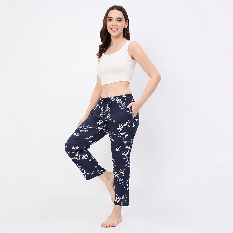 Women's Navy Blue Relaxed Fit Leaf Printed Pyjama, नेवी ब्लू, large