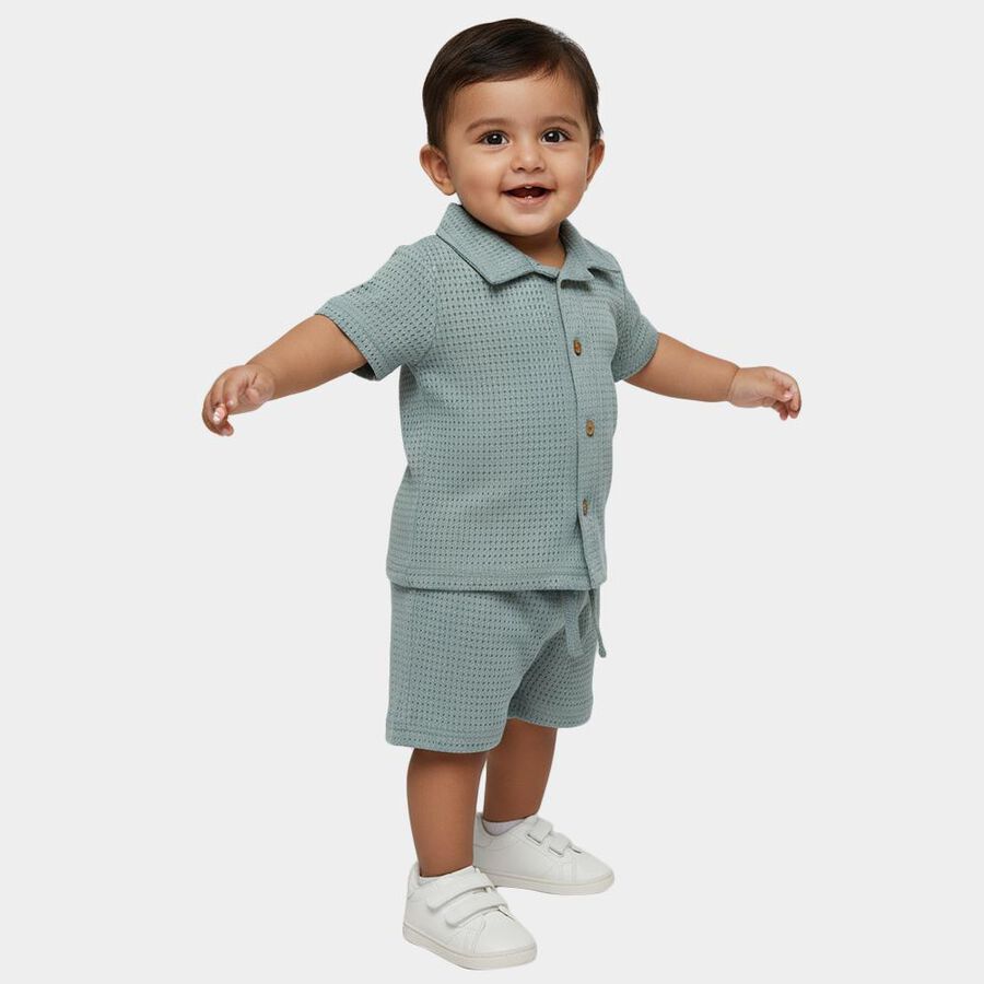 Infants' Green Cotton Collar Neck Waffle Textured Baba Suit, Light Green, large