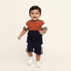 Infants' Rust Orange and Navy Cotton Round Neck Colorblock Baba Suit, नेवी ब्लू, small image number null