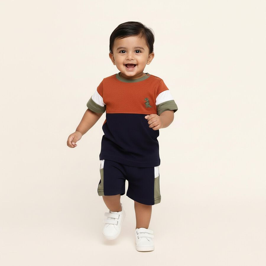 Infants' Rust Orange and Navy Cotton Round Neck Colorblock Baba Suit, नेवी ब्लू, large image number null
