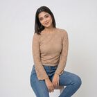 Women's Beige Round Neck Regular Top, गहरा पीला, small