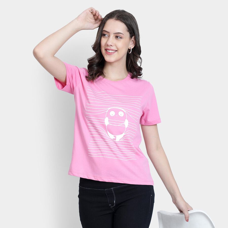Ladies'  Stripes Round Neck T-Shirt, Light Pink, large image number null