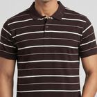 Men's Brown Cotton Polo Neck Striped T-Shirt, भूरा, small