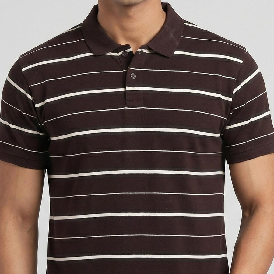 Men's Brown Cotton Polo Neck Striped T-Shirt, भूरा, large