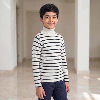 Boys White High Neck Striped Pullover