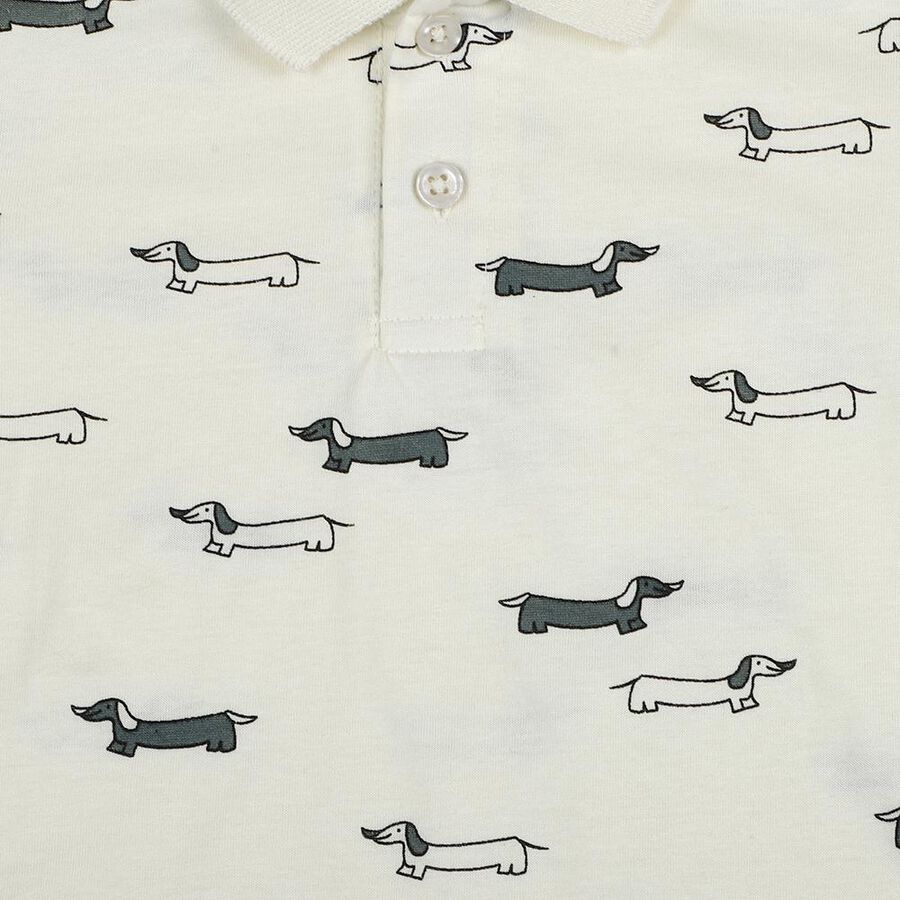 Boys' Off White Cotton Polo Collar Printed T-Shirt, Off White, large