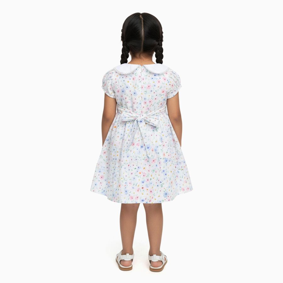 Girls' White Floral Smocked Cotton Frock, Off White, large image number null