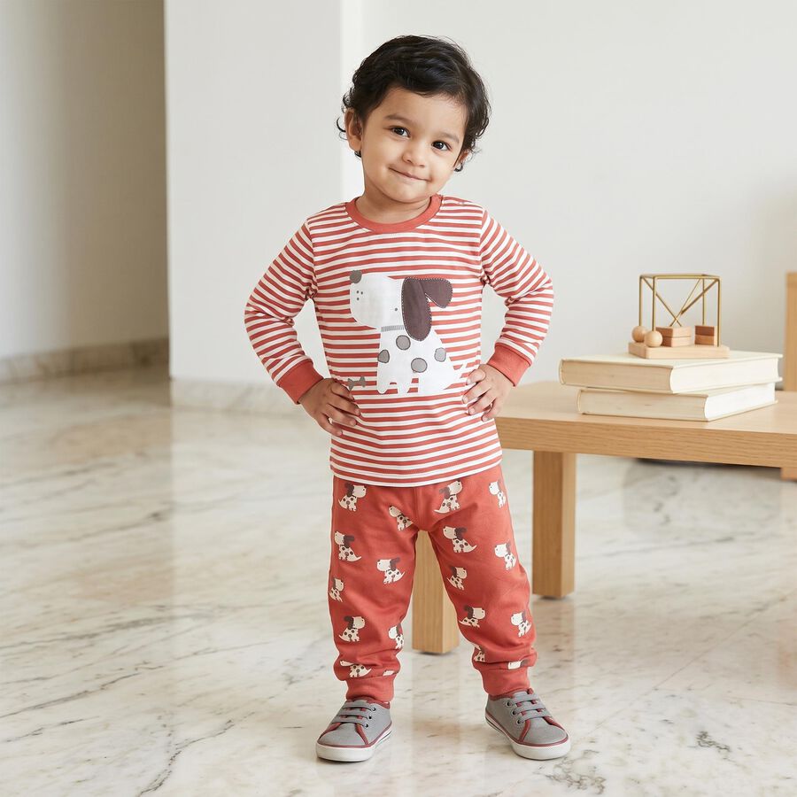 Infants' Coral 100% Cotton Round Neck Striped Baba Suit, Coral, large