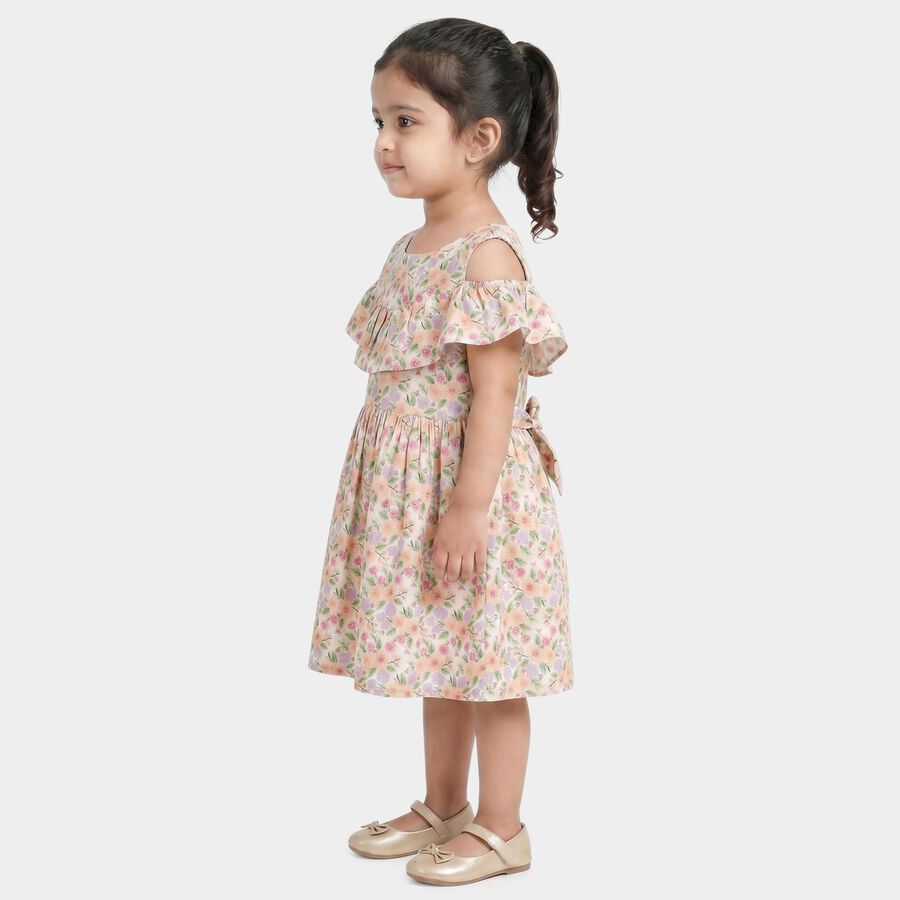 Girls' Cream Floral Printed Fit and Flare Cold Shoulder Frock, ऑफ व्हाइट, large