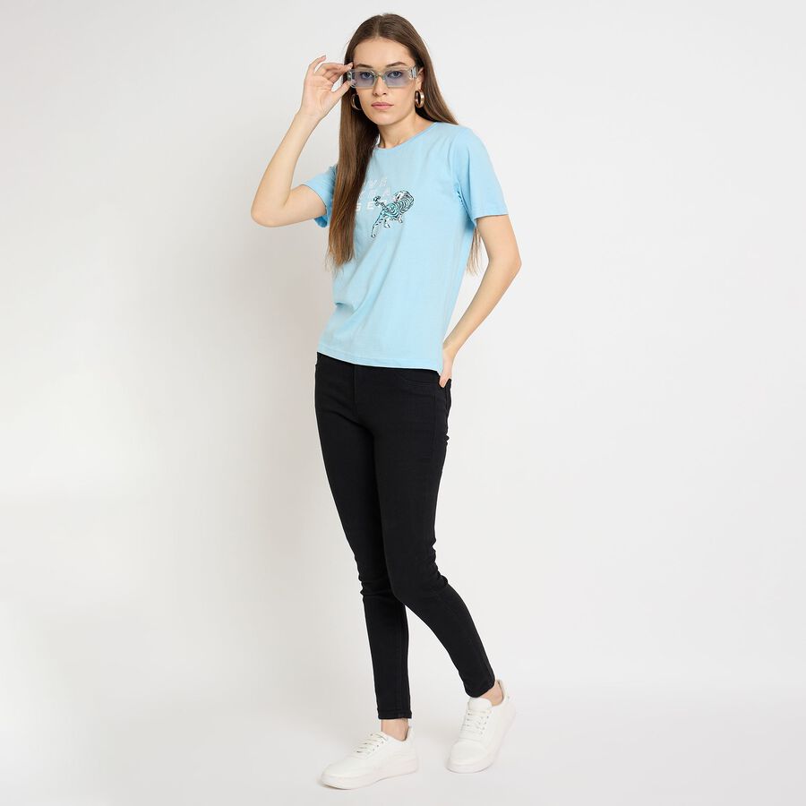 Ladies' 100% Cotton Round Neck T-Shirt, हल्का नीला, large image number null