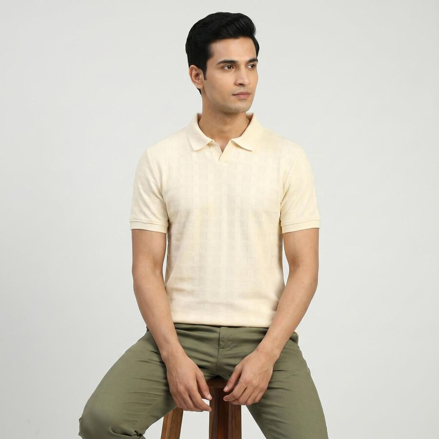 Men's White Collared Neck Casual T-Shirt, Off White, large