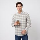 Men's Cream Long Sleeve Checked Regular Fit Casual Shirt, ऑफ व्हाइट, small
