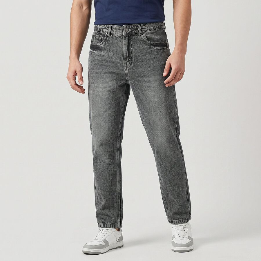 Men's Grey Straight Fit Washed Jeans, हल्का ग्रे, large