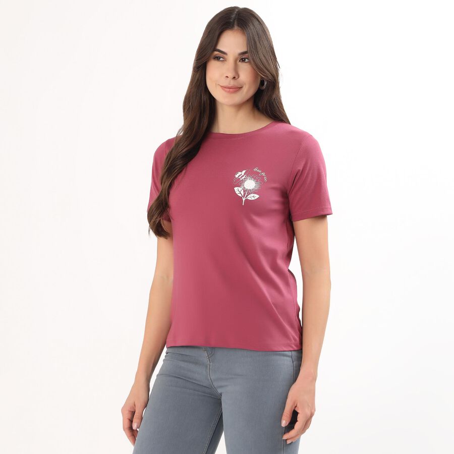 Women's Bright Purple Round Neck Casual T-Shirt, बैंगनी, large