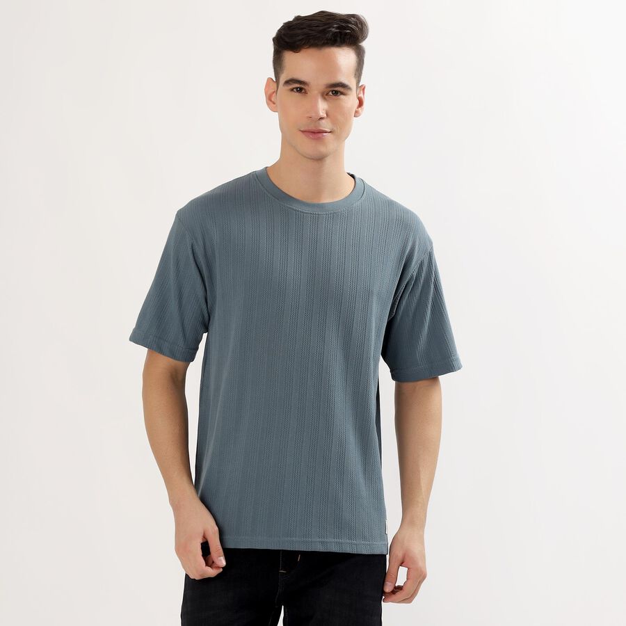 Men's Muted Steel Blue Round Neck Casual T-Shirt, Mid Blue, large image number null