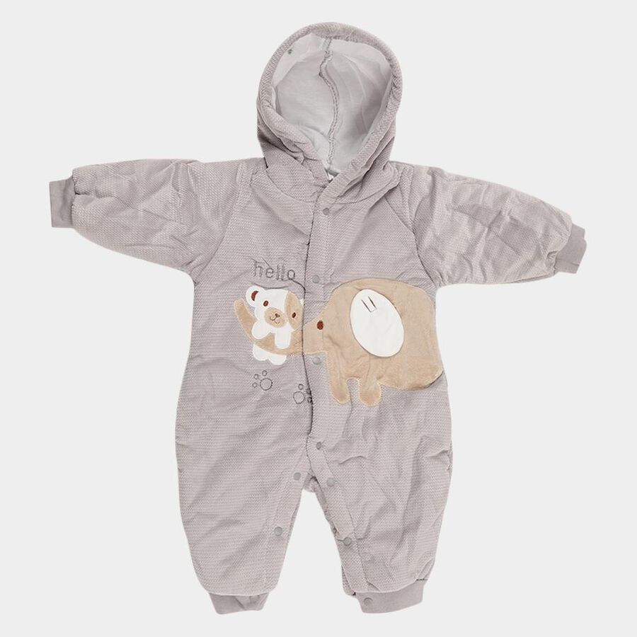 Infants' Light Grey Hooded Elephant Appliqué Baba Suit, हल्का ग्रे, large image number null