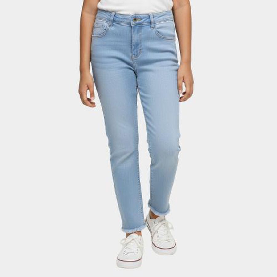 Girls' Light Powder Blue Slim Fit Frayed Hem Jeans, Light Blue, large