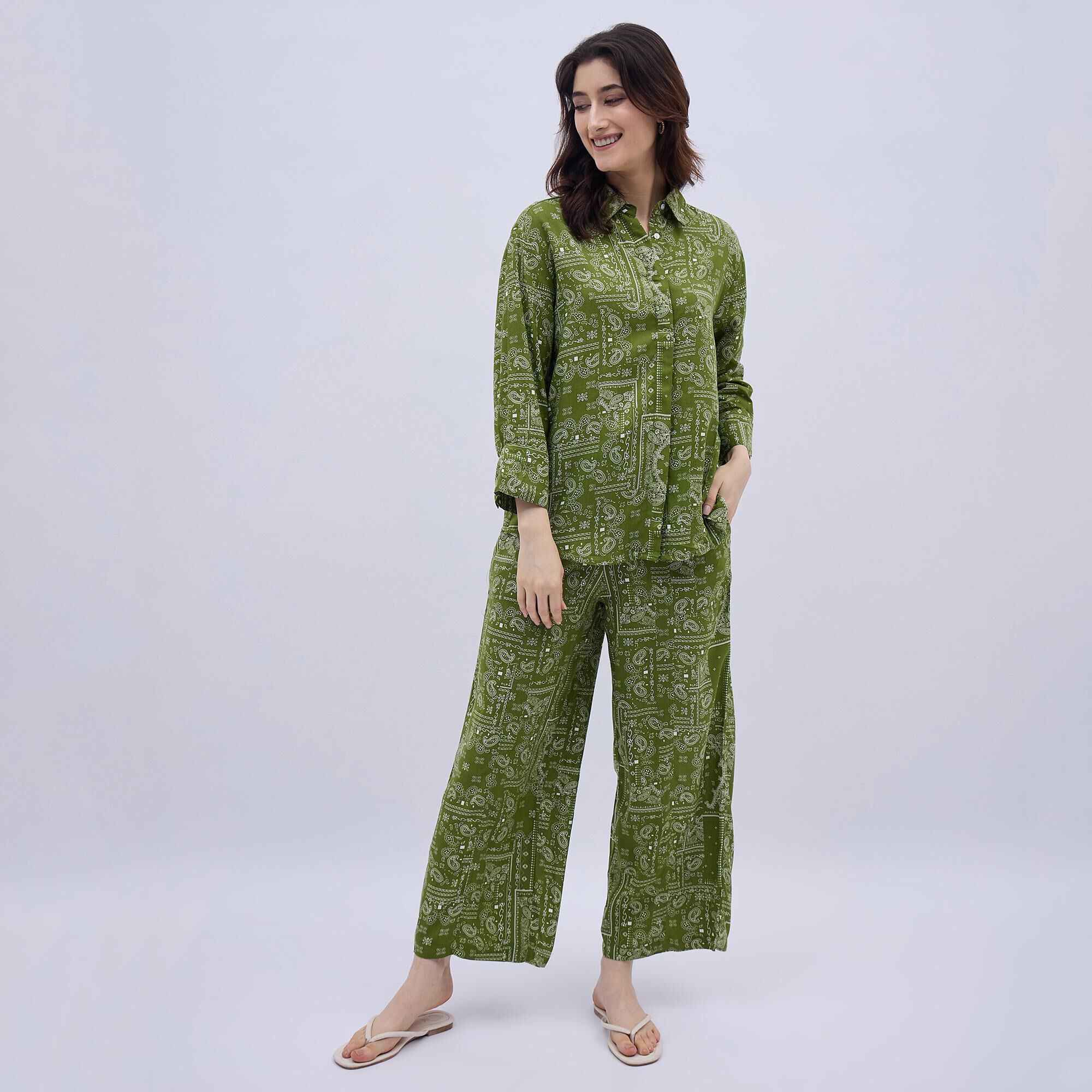 Lucky Charm Women's Muted Olive Green Paisley Printed Ethnic Set