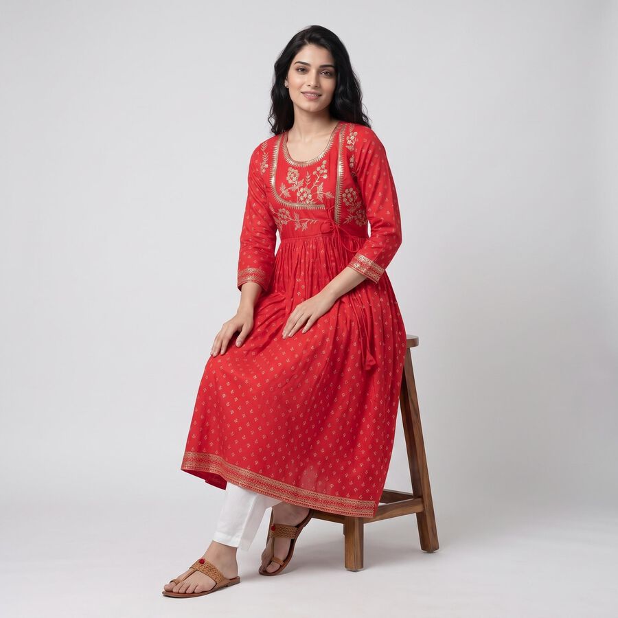 Women's Fuchsia Round Neck Embroidered Kurta, Fuchsia, large