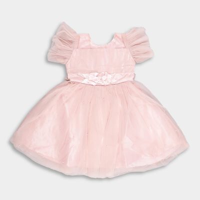 Girls' Soft Pink Floral Embellished Party Wear Frock