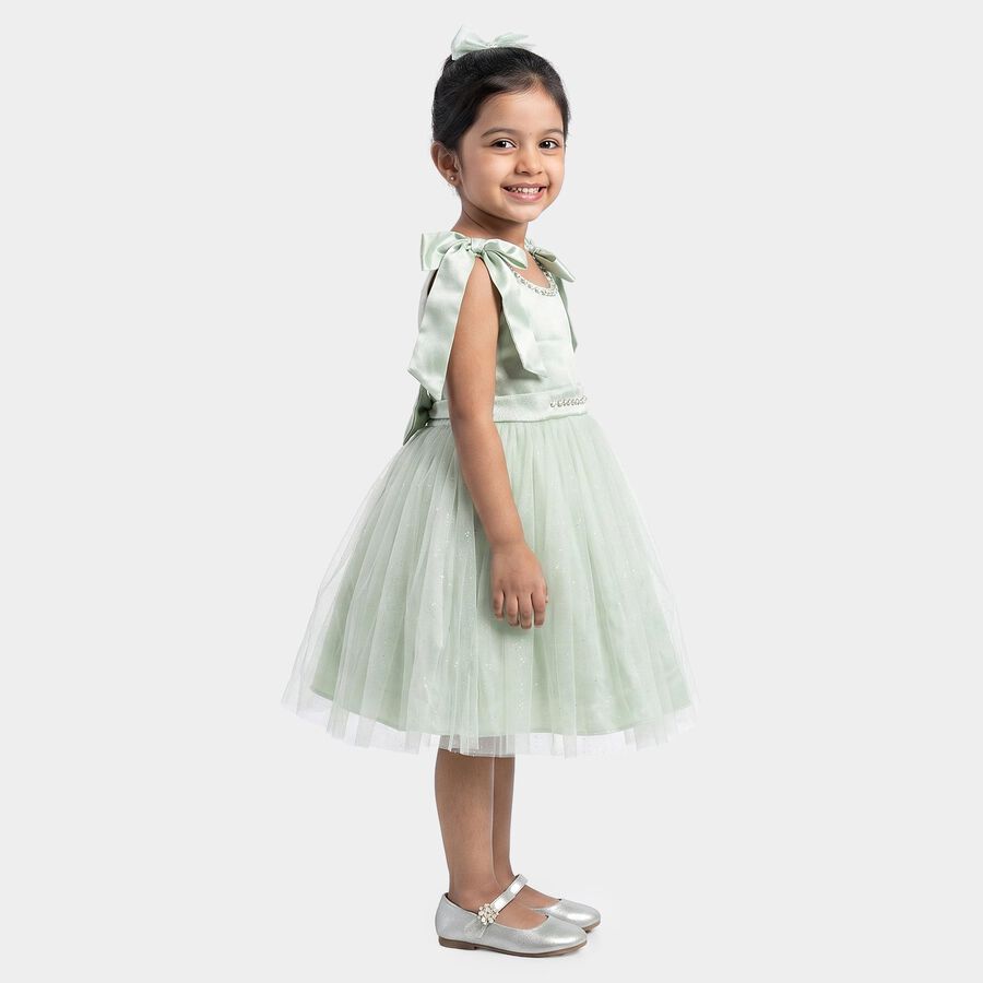 Girls' Mint Green Fit and Flare Bow Detail Party Wear Frock, हल्का हरा, large