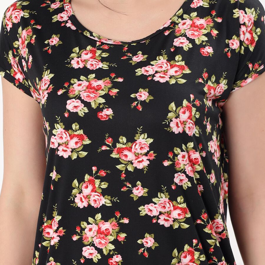 Women's Jet Black Round Neck Casual Nighty, काला, large