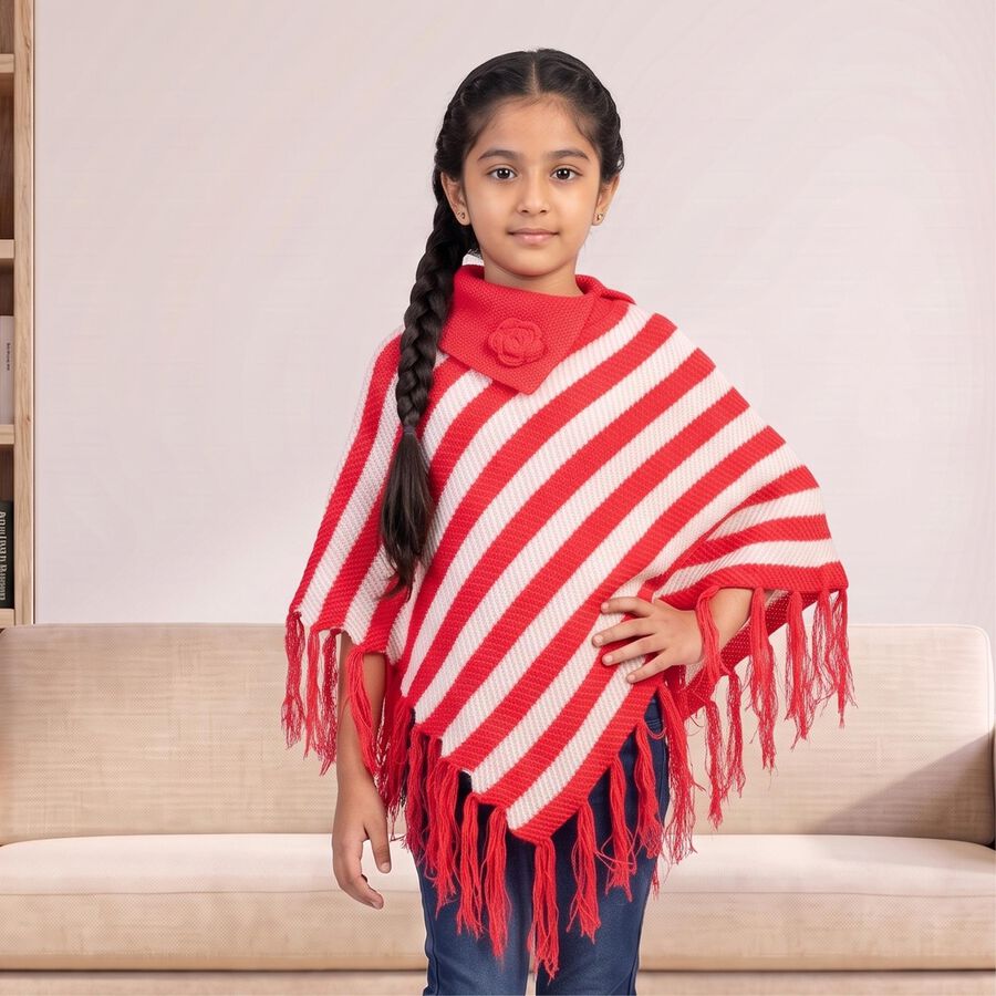 Girls' Light Pink Crew Neck Striped Poncho Pullover, हल्का गुलाबी, large