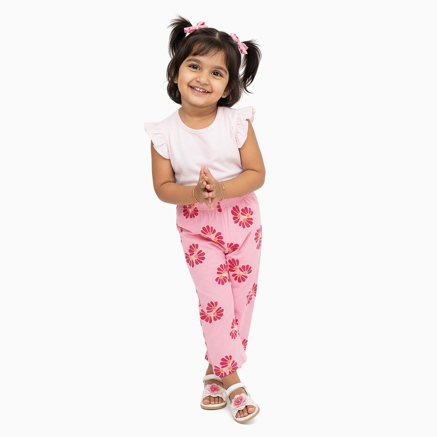 Girls' Soft Pink Floral Printed Cotton Blend Pyjama, हल्का गुलाबी, large image number null