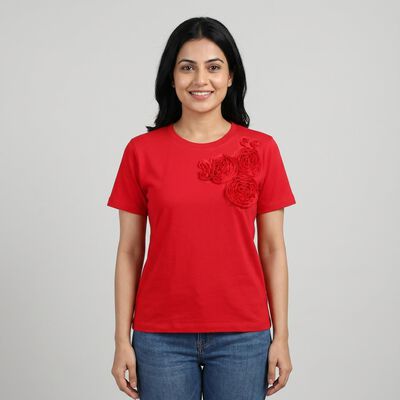 Women Fuchsia Round Neck Casual T-Shirt