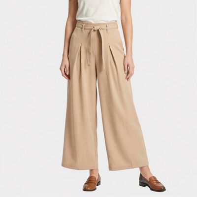 Women's Beige Wide Leg Pleated Trousers