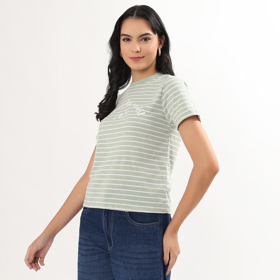 Women's Light Sage Green Round Neck Striped T-Shirt, Light Green, large image number null