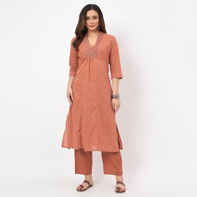 Women's Light Pink Cotton Printed Ethnic Set