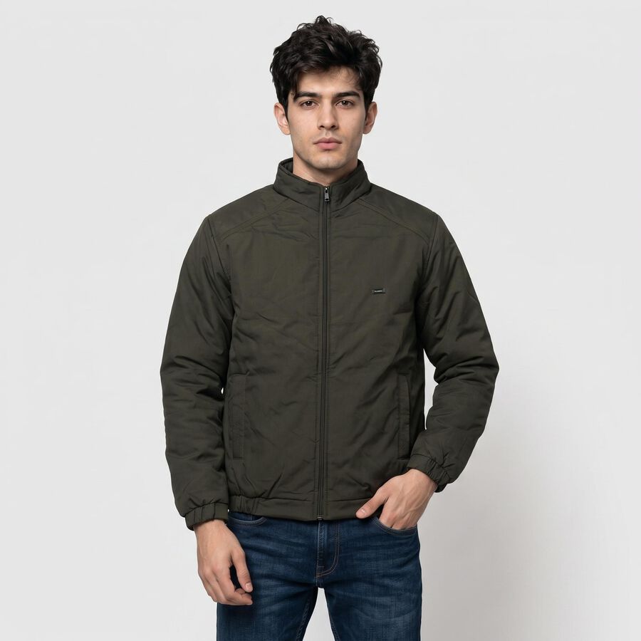 Men's Olive Green Stand Collar Bomber Jacket, Olive, large