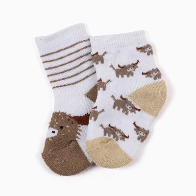 Infants White and Brown Regular Fit Animal and Stripe Design Pack of 2 Socks