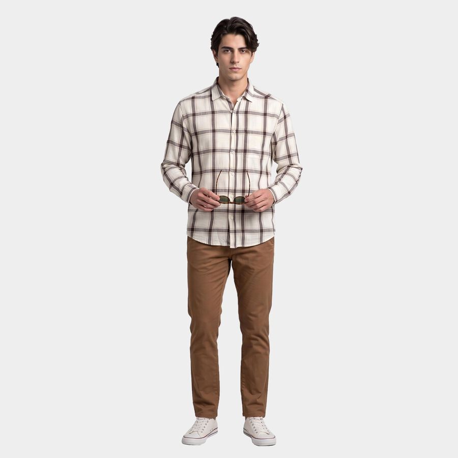 Men's Brown Cotton Long Sleeve Spread Collar Casual Shirt, भूरा, large
