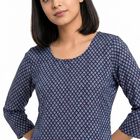 Women's Navy Blue Round Neck Printed Kurti, गहरा नीला, small