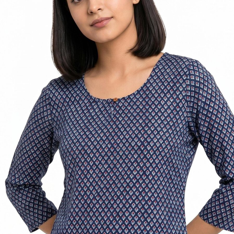 Women's Navy Blue Round Neck Printed Kurti, गहरा नीला, large