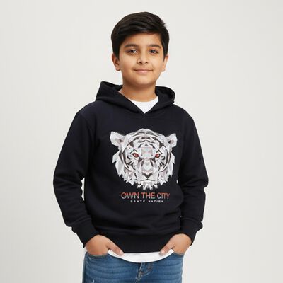 Boys Navy Blue Hooded Neck Graphic Sweatshirt