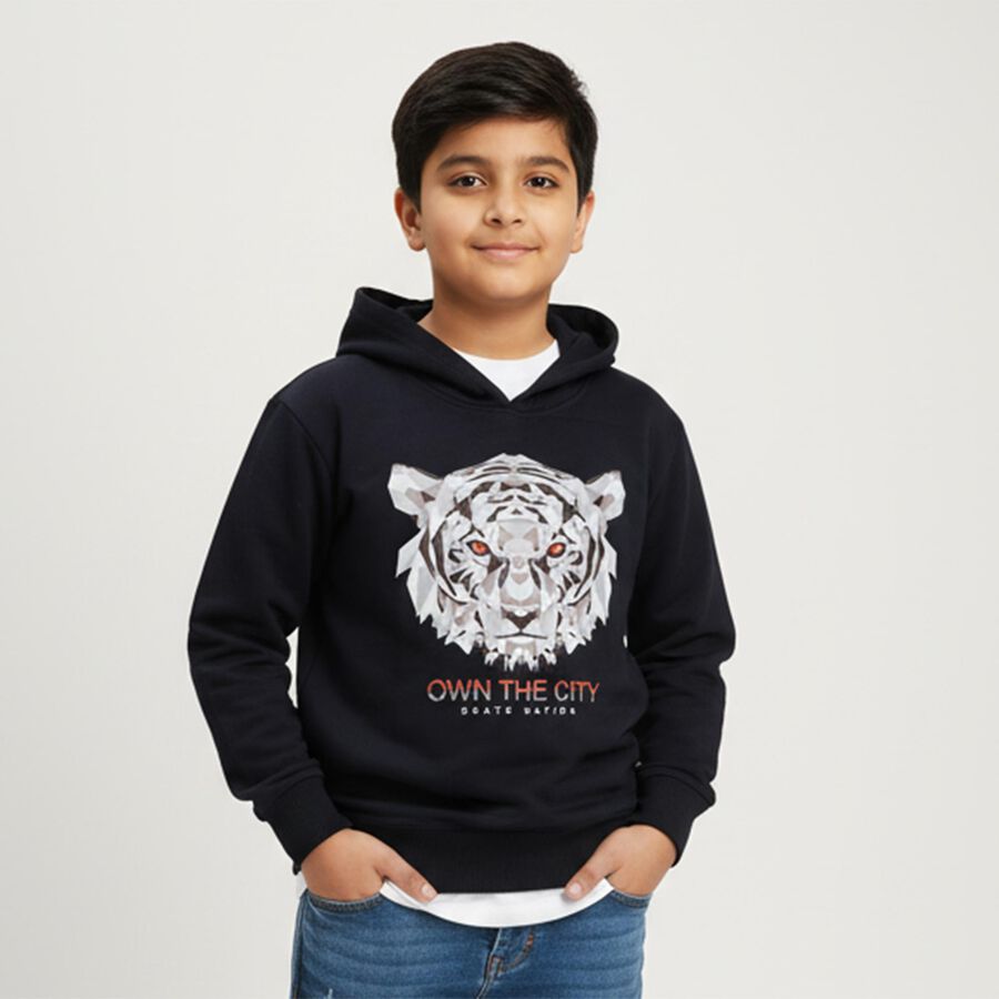 Boys Navy Blue Hooded Neck Graphic Sweatshirt, Navy Blue, large image number null