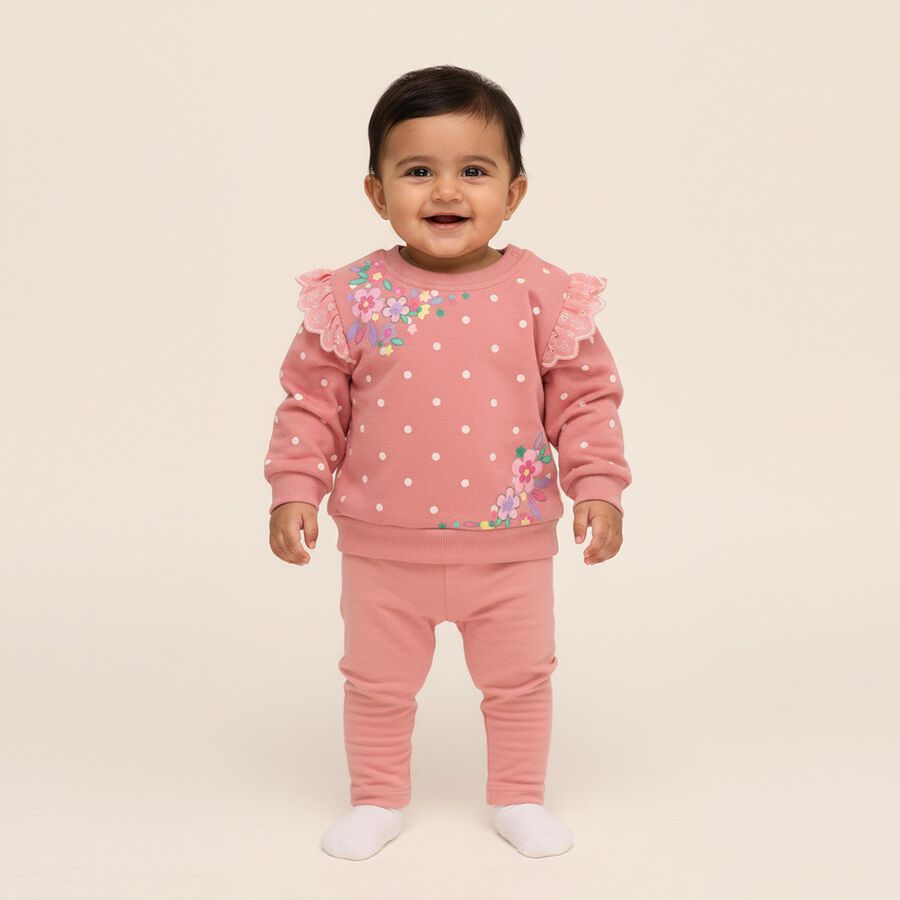 Infants Light Pink Cotton Crew Neck Ruffle Sleeve Sweatshirt, Light Pink, large image number null