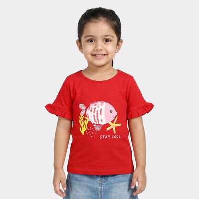 Girls Red Cotton Round Neck Regular T-Shirt