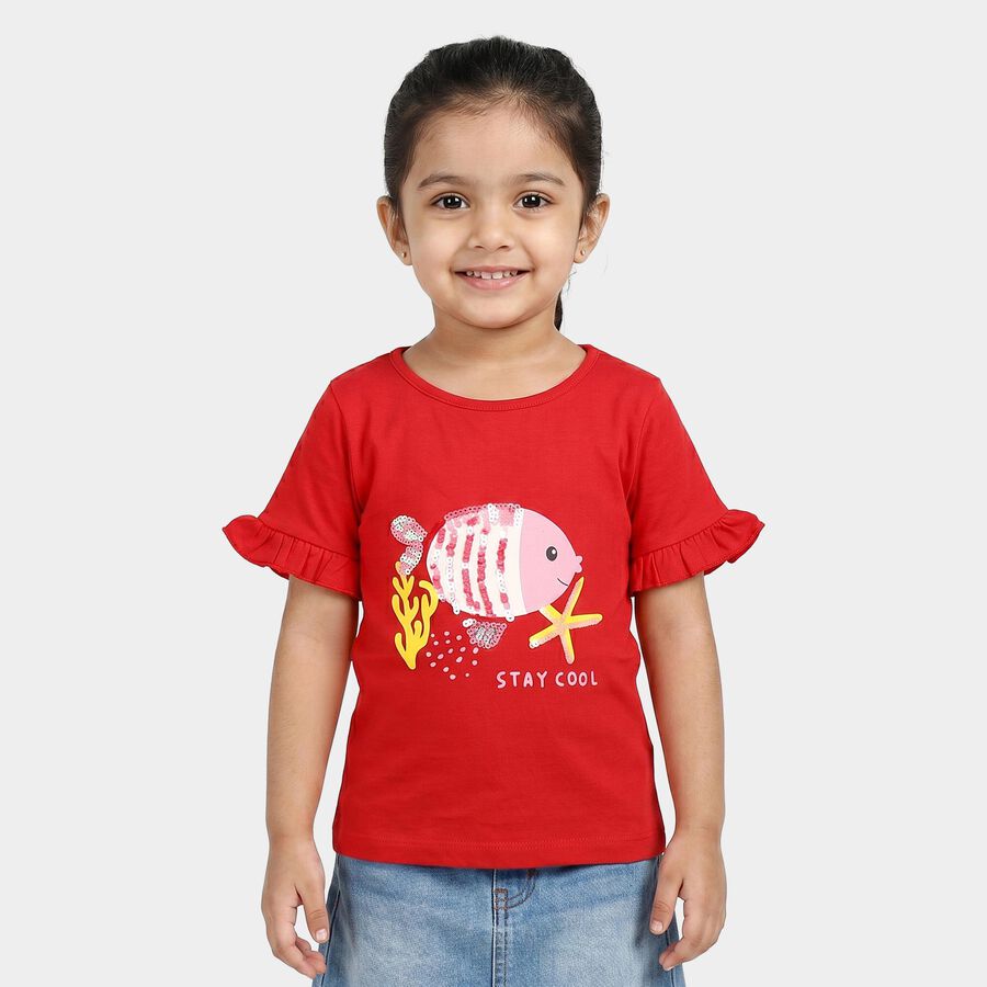 Girls Red Cotton Round Neck Regular T-Shirt, Red, large