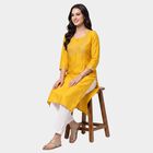Women's Yellow Round Neck Embroidered Kurta, Yellow, small