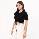 Women's Jet Black Cotton Collared Casual Crop Top, काला, small