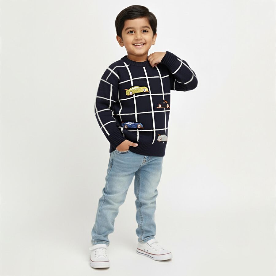Boys Deep Midnight Navy Blue Crew Neck Casual Pullover, Navy Blue, large image number null