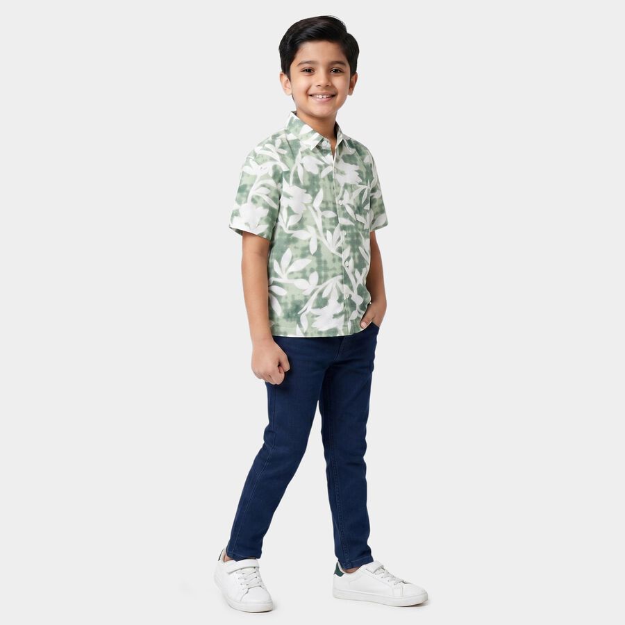 Boys' Green Printed Collar Regular Fit Casual Shirt, हल्का हरा, large