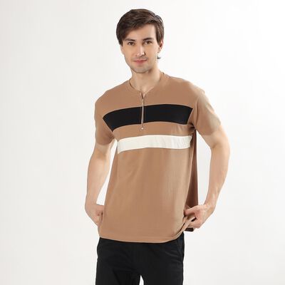 Men's Muted Beige Henley Neck Casual T-Shirt