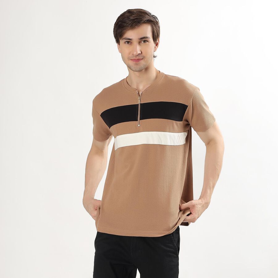 Men's Muted Beige Henley Neck Casual T-Shirt, गहरा पीला, large image number null