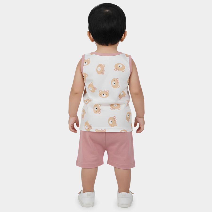 Infant Girl Pink Cotton Sleeveless Bear Print Shorts Set, Light Pink, large